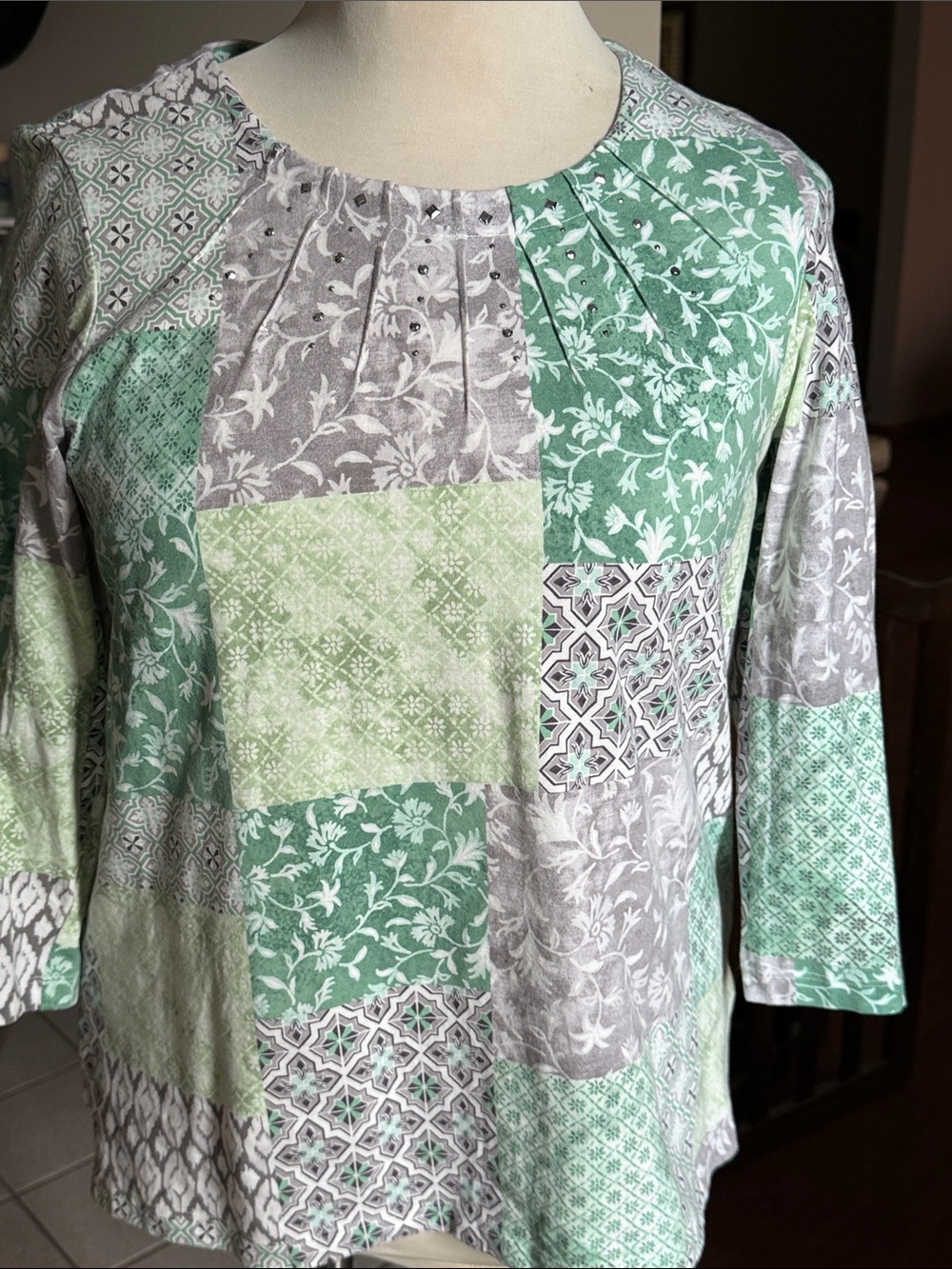 Alfred Dunner Green and Gray Patchwork-Print Round Neck Long Sleeve Top
